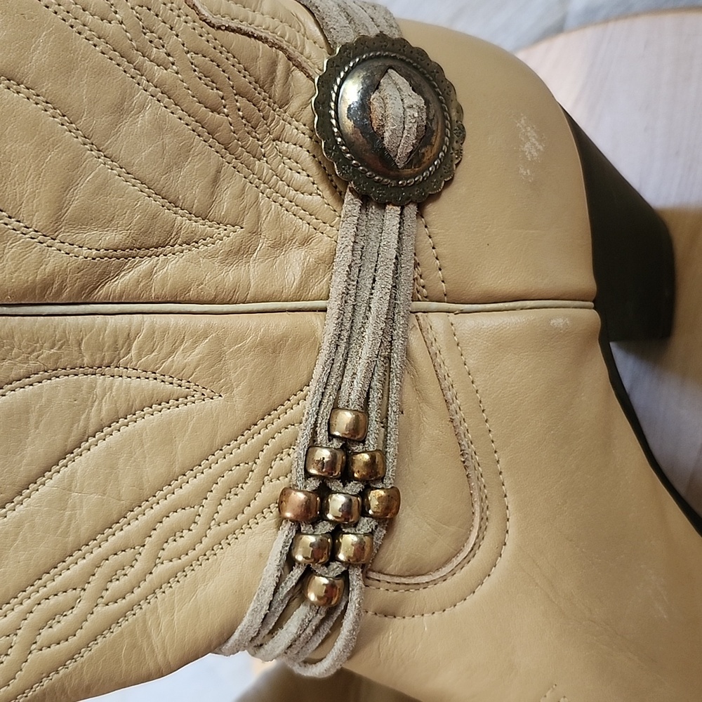 ACME Vintage Beige Heeled Western Boots Pointed Toe Concho Beaded Ankle Detail 8 - Picture 8 of 10
